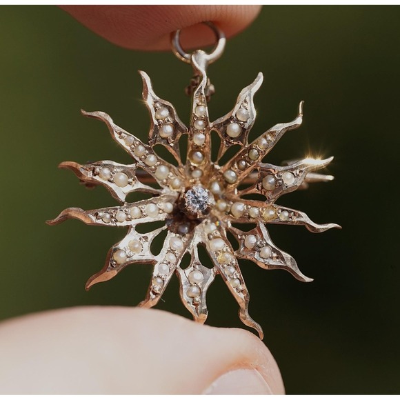 Antique 10k Solid Yellow Gold Natural Seed Pearl Old Mine Cut Diamond Pendant - Picture 3 of 7